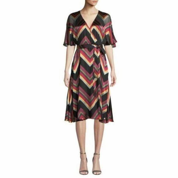 Alice + Olivia Rainbow Chevron Stripe LEXA Belted Fit & Flare Midi Dress Size 0 - Picture 1 of 10